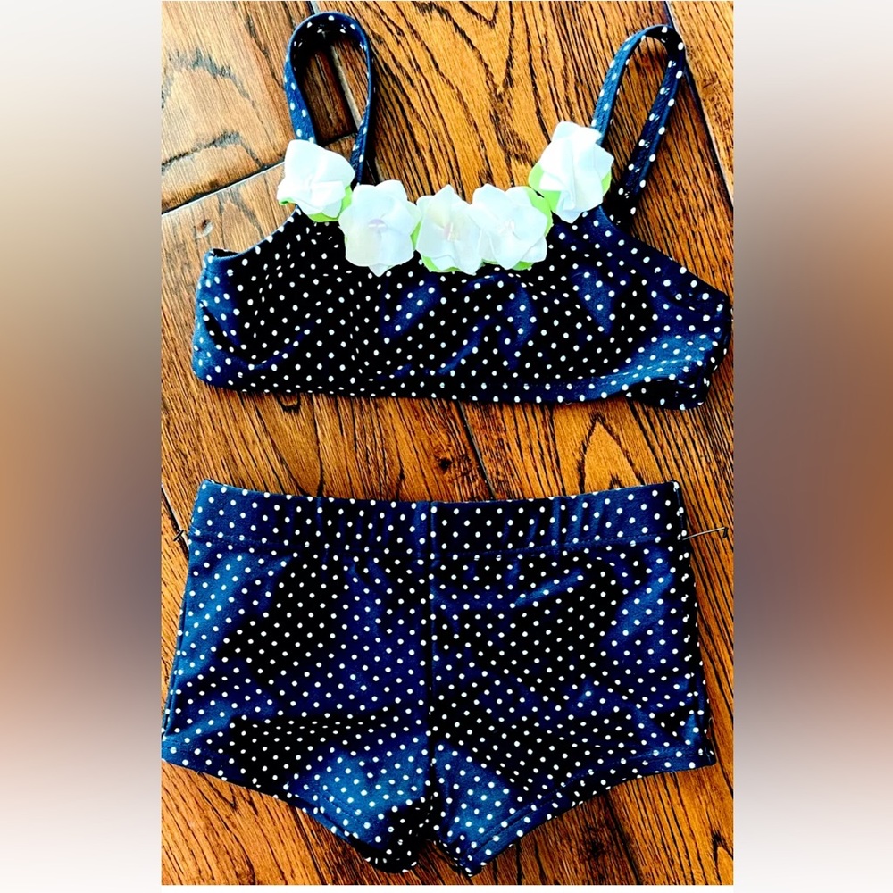 Baby Girl Blue Polka Dot Swimsuit Bathing Suit 6-9 Months NWOT attached flowers